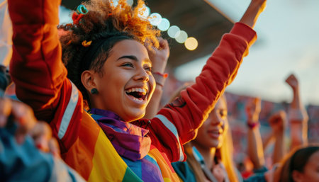 Happy young woman celebrating with arms raised at a festival.の素材