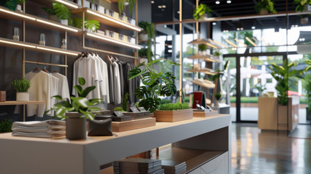 The image shows a modern retail store interior with clothing and plants.の素材
