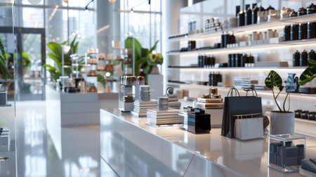 The photo shows a modern and stylish cafe interior with white marble tables and counters, glass shelves, and a variety of plants.の素材