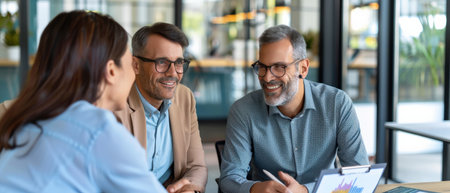 Three happy business people discussing work in a cafe.の素材