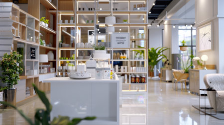 The photo shows the interior of a modern store. On the shelves are various household appliances. The walls are decorated with decorative plants. The floor is covered with light-colored tiles. The store is empty.の素材