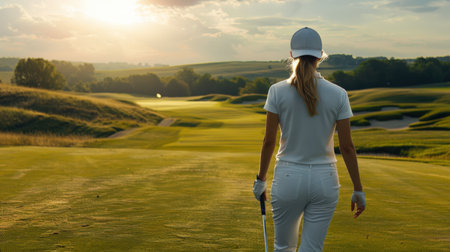 Woman on golf course at sunsetの素材