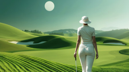 Woman in white golf outfit walking on fairway toward the green on a golf course on a sunny day.の素材