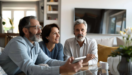 Three happy friends sitting on sofa in living room and looking at digital tablet.の素材
