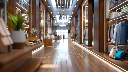 The image is a perspective view of a long, narrow hallway with wood flooring and walls. The hallway is lit by natural light coming in from the large windows at the end of the hall. There is a wooden table with potted plants and a vase on it to the left of the image. There are clothing racks with clothes hanging on them on both sides of the hall. There is a person walking down the hall in the distance.の素材