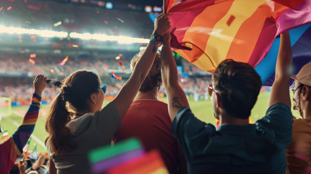 Spectators at a sports event are waving rainbow flags in support of the LGBTQ+ community.の素材