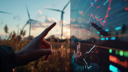 The photo shows a person in front of the wind turbines, there is a digital screen with financial data in front of him. The photo is about the concept of green energy and sustainable development.の素材