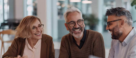 Three happy business people discussing work in the officeの素材