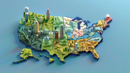 Map of the United States of America. 3d render of a country on the map.の素材