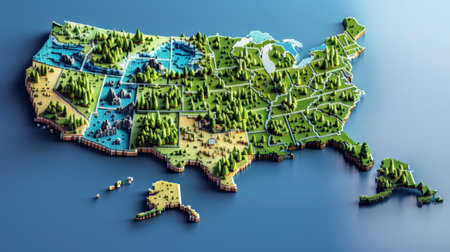 Map of the USA. 3d render. Map of the USA on a blue backgroundの素材