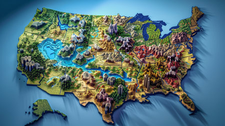 Three-dimensional map of USA on blue background. 3D renderingの素材