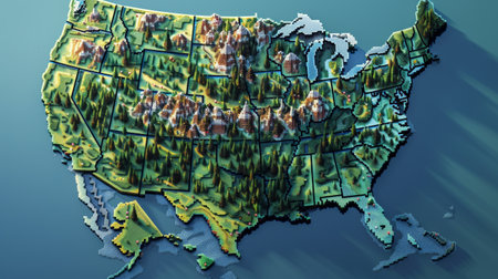 Map of United States with borders in green colors. 3d renderingの素材