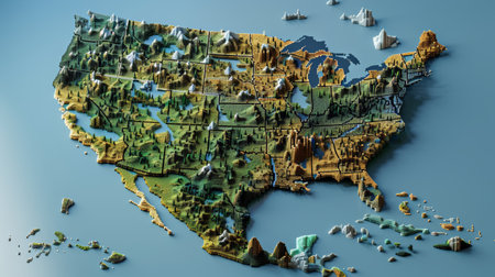 Map of the United States on a solid color background. 3d renderingの素材