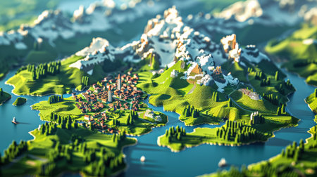 3d render of a small city on the background of the mountainsの素材