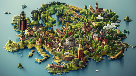 3D model of the city on the map of the European continentの素材