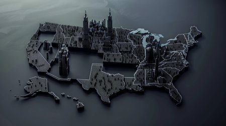 3d render of a map of the United States of America on a dark backgroundの素材