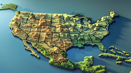 Map of USA with borders and city lights on metallic surface. 3D renderingの素材