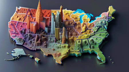 3d illustration of United States of America map with colorful buildings.の素材
