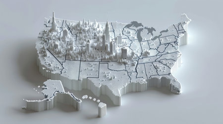 Map of United States on white background. 3d render illustration.の素材