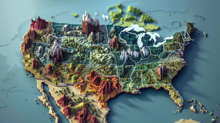 Map of the United States with borders and cities. 3d renderingの素材