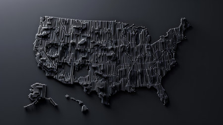 Abstract 3d rendering of USA map. Dark background with black letters.の素材