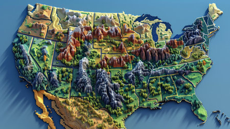 Map of the USA with mountains and forests. 3D rendering.の素材
