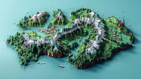 A 3D render of a mountain landscape with a lake in the middle.の素材