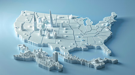 Map of United States on blue background, 3d render, 3d illustrationの素材