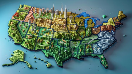 3D illustration of a map of the United States of America with buildings and landmarksの素材