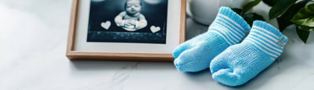 A baby's photo is framed and a pair of blue baby socks are placed next to it. The baby's photo is black and white and the socks are stripedの素材