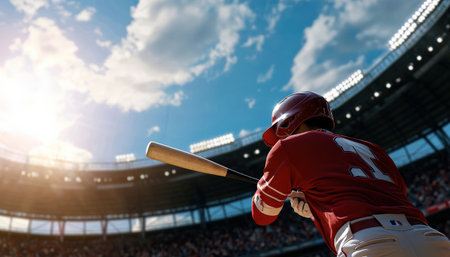 A baseball player is at bat in a stadium with a crowd watching. The player is wearing a red jersey and a red helmet. He is holding a baseball bat and is ready to swing at the ballの素材
