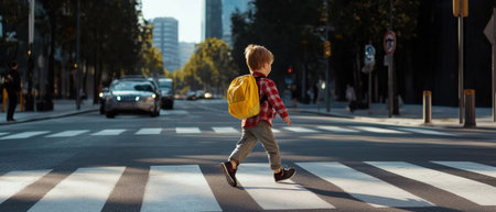 A young boy is crossing a street with a yellow backpack. The scene is set in a city with cars and traffic lightsの素材