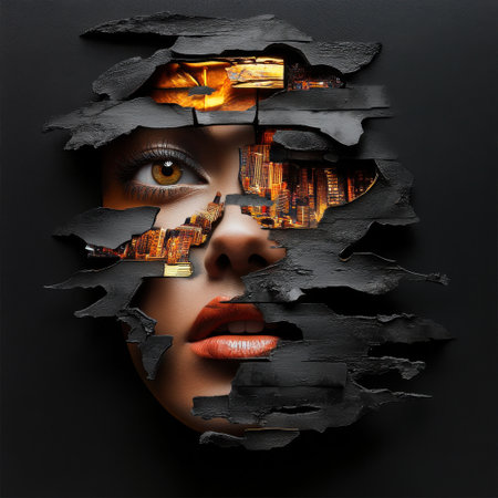 A woman's face is cut out of a black background, with the city lights visible in the background. The image is a creative and abstract representation of the woman's faceの素材