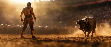 A man is fighting a bull in a stadium. The man is wearing a suit and the bull is wearing horns. The crowd is watching the fightの素材