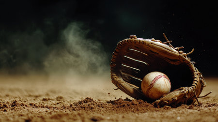 A baseball is sitting in a catcher's mitt on a dirt field. The ball is white and red, and the mitt is brown. The scene is quiet and peaceful, with the only sound being the soft rustling of the dirtの素材
