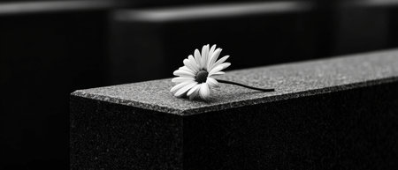 A white flower is on a black stone. The flower is alone and the stone is empty. Concept of loneliness and emptinessの素材
