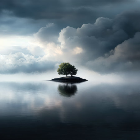 A tree is on a small island in the middle of a lake. The sky is cloudy and the water is calmの素材