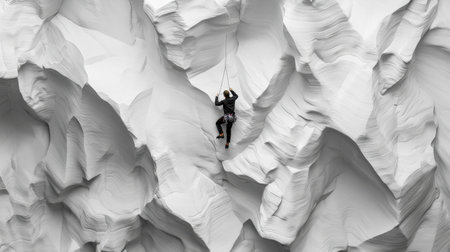A man is climbing a mountain with a rope. The image has a sense of adventure and excitementの素材