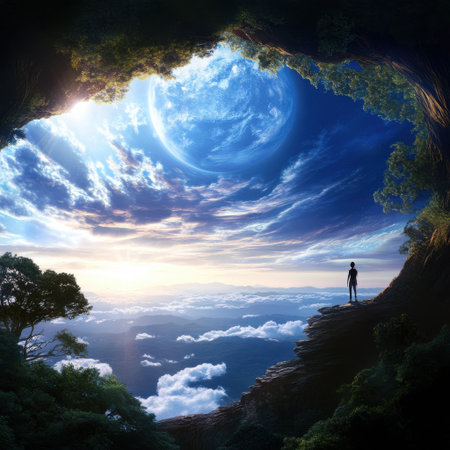 A person stands on a mountain top, looking out at the vast blue sky and the moon. The scene is serene and peaceful, with the person feeling a sense of awe and wonder at the beauty of the natural worldの素材