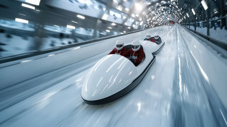 A group of people are riding on a roller coaster. The roller coaster is white and redの素材
