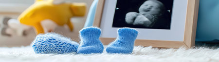 A baby's foot is shown in a blue sock next to a baby's picture. The baby's picture is in a frame and is smiling. Concept of warmth and love for the babyの素材
