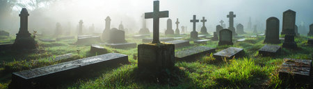 A cemetery with many gravestones and a cross. The cemetery is foggy and the grass is wetの素材