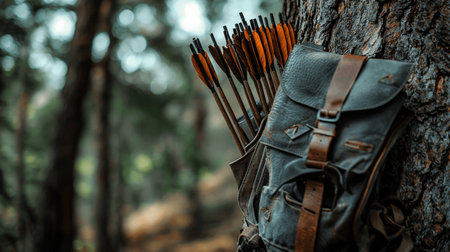A backpack with a brown strap is sitting on a tree with a bunch of arrows on it. The backpack is full of arrows, and the scene is set in a forest. Scene is adventurous and excitingの素材