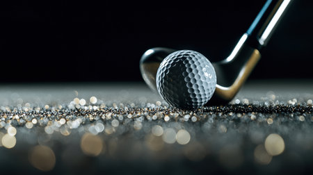 A golf ball is resting on a golf club. The ball is in the middle of the club, and the club is bent at the top. Concept of focus and concentrationの素材