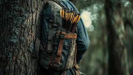 A person is wearing a backpack and has arrows sticking out of it. The backpack is brown and has a brown strap. The person is standing in a forest with trees around themの素材