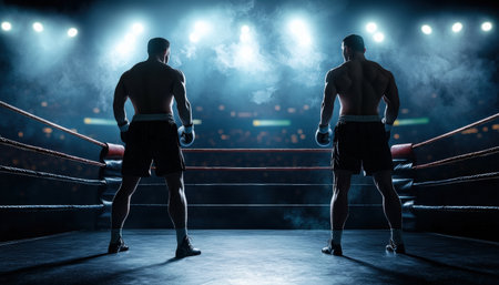 Two boxers stand in a ring, one of them wearing a black belt. The other boxer is standing behind himの素材
