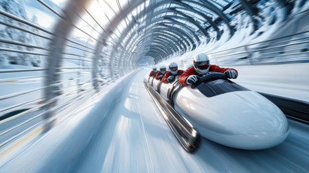 A group of people are riding a sled down a track. The image is blurry and fast-paced, giving a sense of excitement and motionの素材