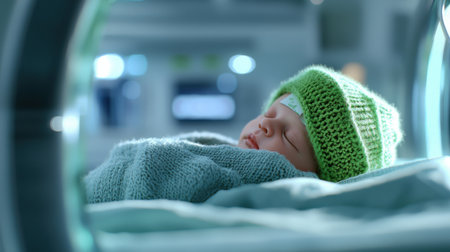 A baby is sleeping in a hospital bed with a green hat on. The hat is knit and has a green colorの素材