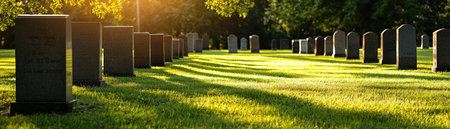 A cemetery with many gravestones and a large stone obelisk in the middle. The obelisk is surrounded by a row of smaller gravestones. The grass is lush and green, and the sun is shining brightlyの素材