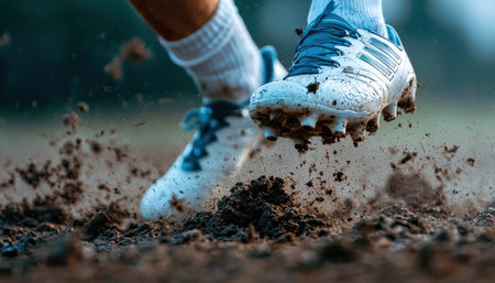 A person is running in the dirt with their feet in the mud. The shoes are white and have blue lacesの素材